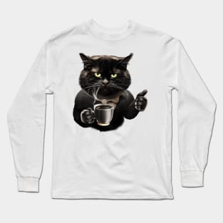 Bossy Cat Sips Coffee Thumbs Up Long Sleeve T-Shirt